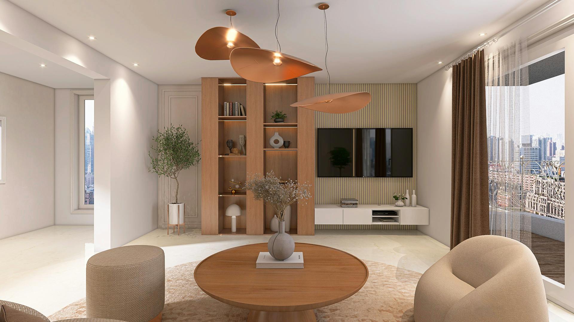 Modern TV cabinet with wall panel